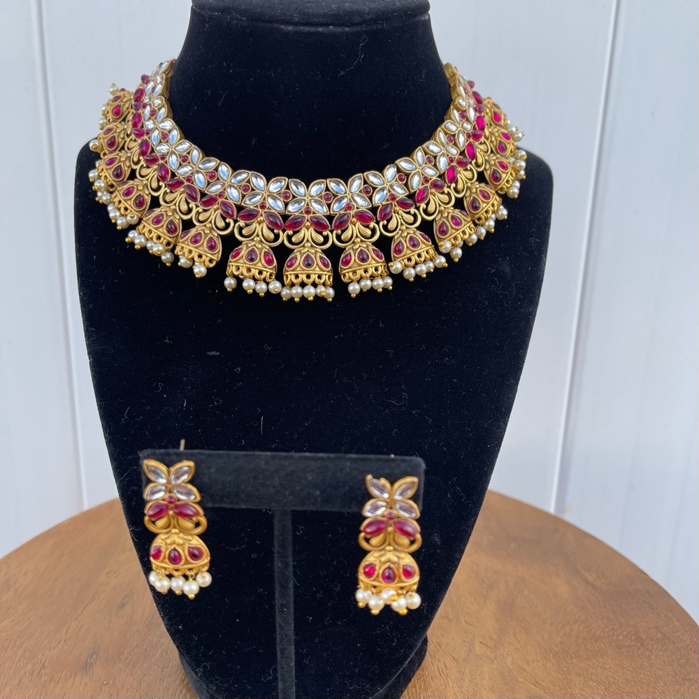 Gold Plated Pink Kundan & Pearl Choker Necklace Set for Women - Picture 2 of 12